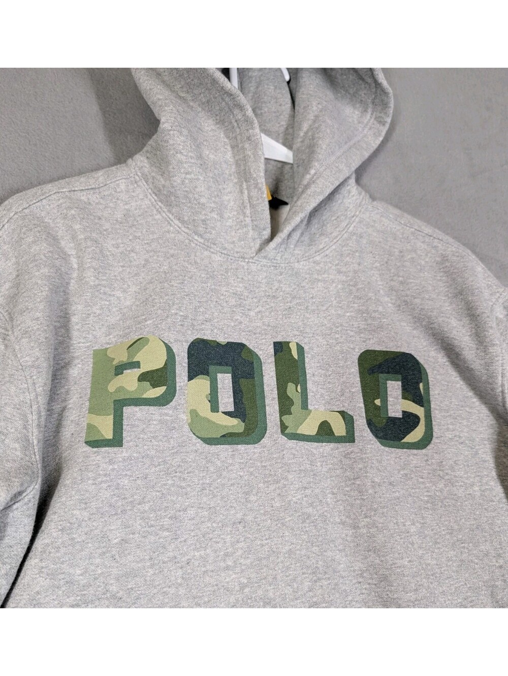 Polo Ralph Lauren Boys L 12 14 Gray Camo Logo Fleece Pullover Hoodie Sweatshirt